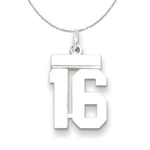 Silver, Athletic Collection Medium Polished Number 16 Necklace - 18 In
